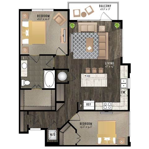 A floor plan of a house with a balcony, living room, and two bedrooms.
